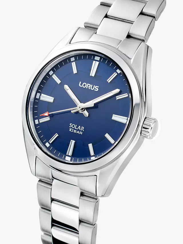 A Lorus Women’s Classic Solar Bracelet Strap Watch, Silver/Blue RY501AX9 with blue dial.