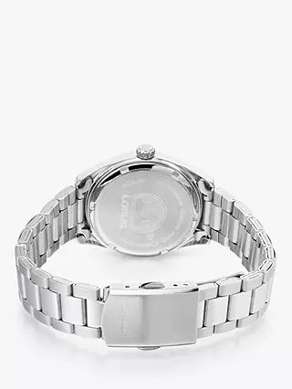 A Lorus Women’s Classic Solar Bracelet Strap Watch, Silver/Blue RY501AX9 with a silver bracelet on a white background.