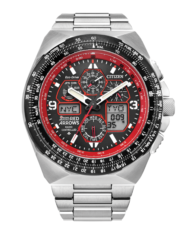 A RED ARROWS LIMITED EDITION SKYHAWK A.T men's watch with a red dial and stainless steel bracelet.