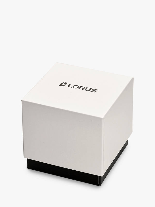 A white box with the word Lorus Women’s Classic Solar Bracelet Strap Watch, Silver/Blue RY501AX9 on it.