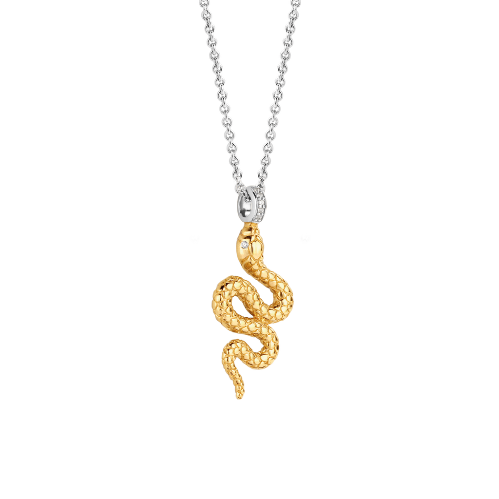 A TI SENTO Milano Snake Necklace 3923SY with a snake pendant on a black background.