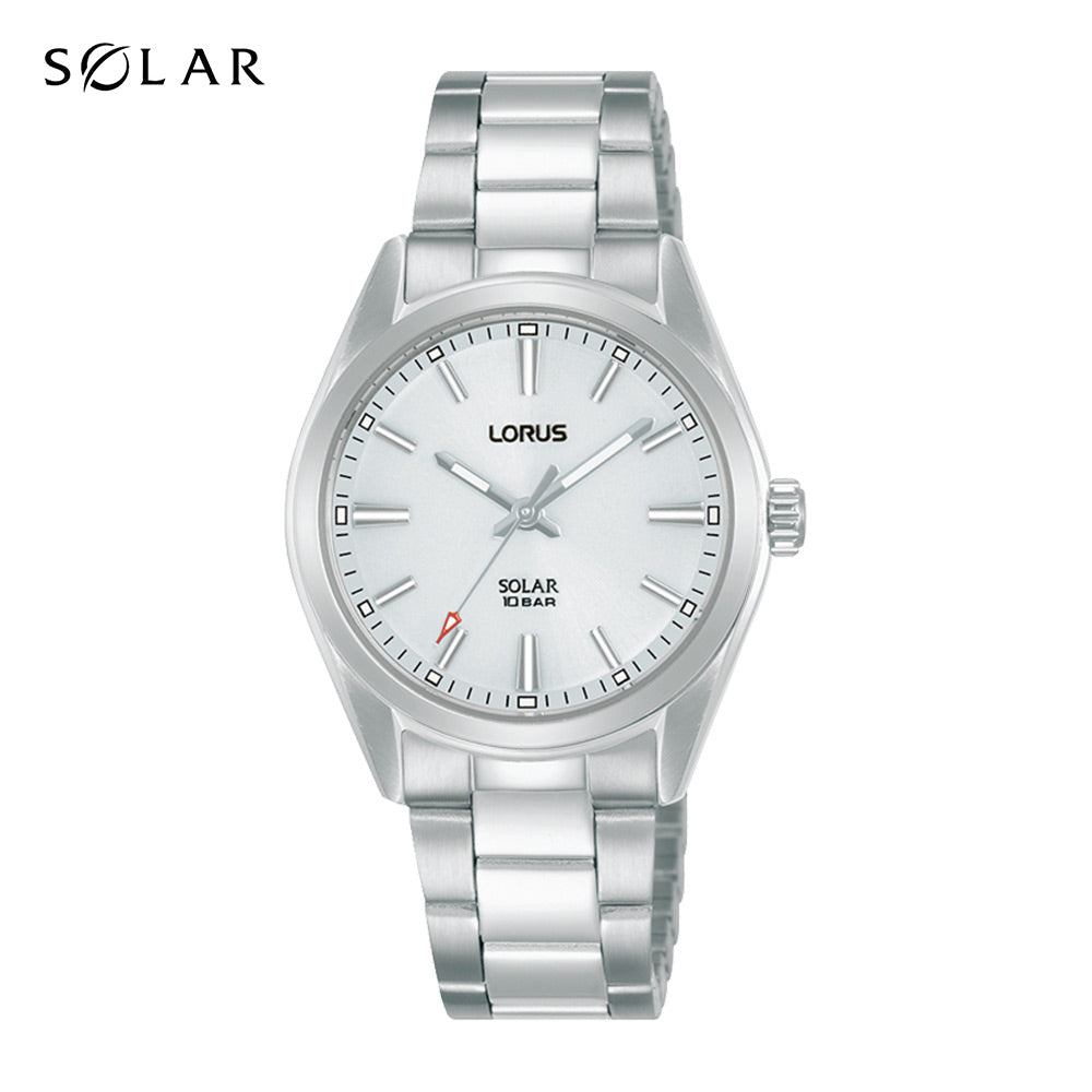 A Lorus Ladies Solar Stainless Steel Bracelet Watch RY503AX9 on a white background.