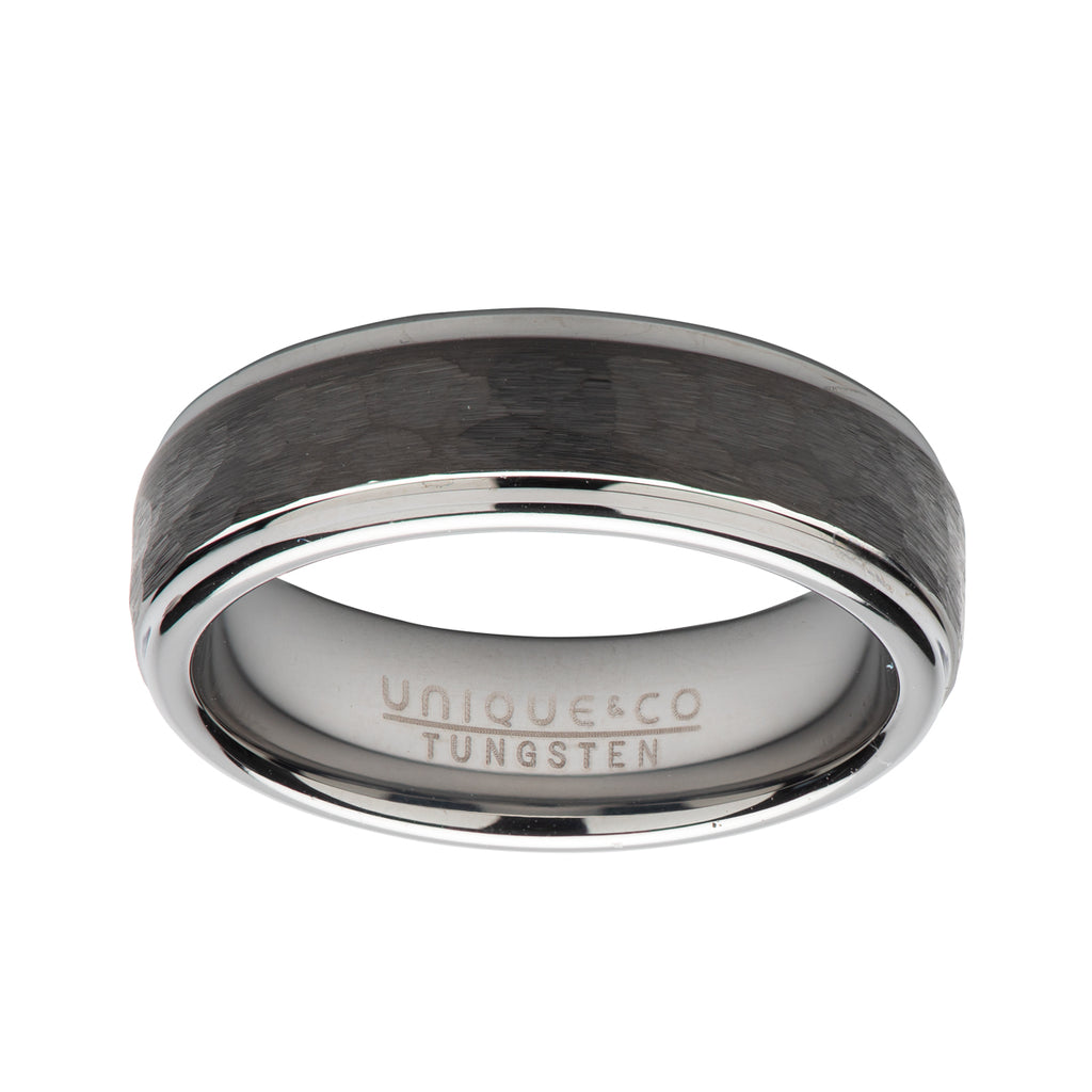 A men's TUNGSTEN RING BLACK TUR-118 BY UNIQUE & CO with a black carbon fiber inlay.