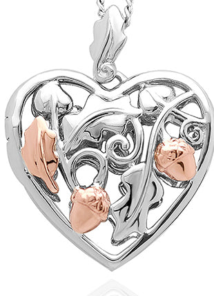A silver and rose gold Clogau Royal Clogau® Oak Heart Locket XX3STRP04 shaped locket with acorns.