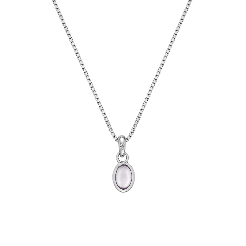 A Birthstone Necklace October – Rose Quartz with a pink stone on it.