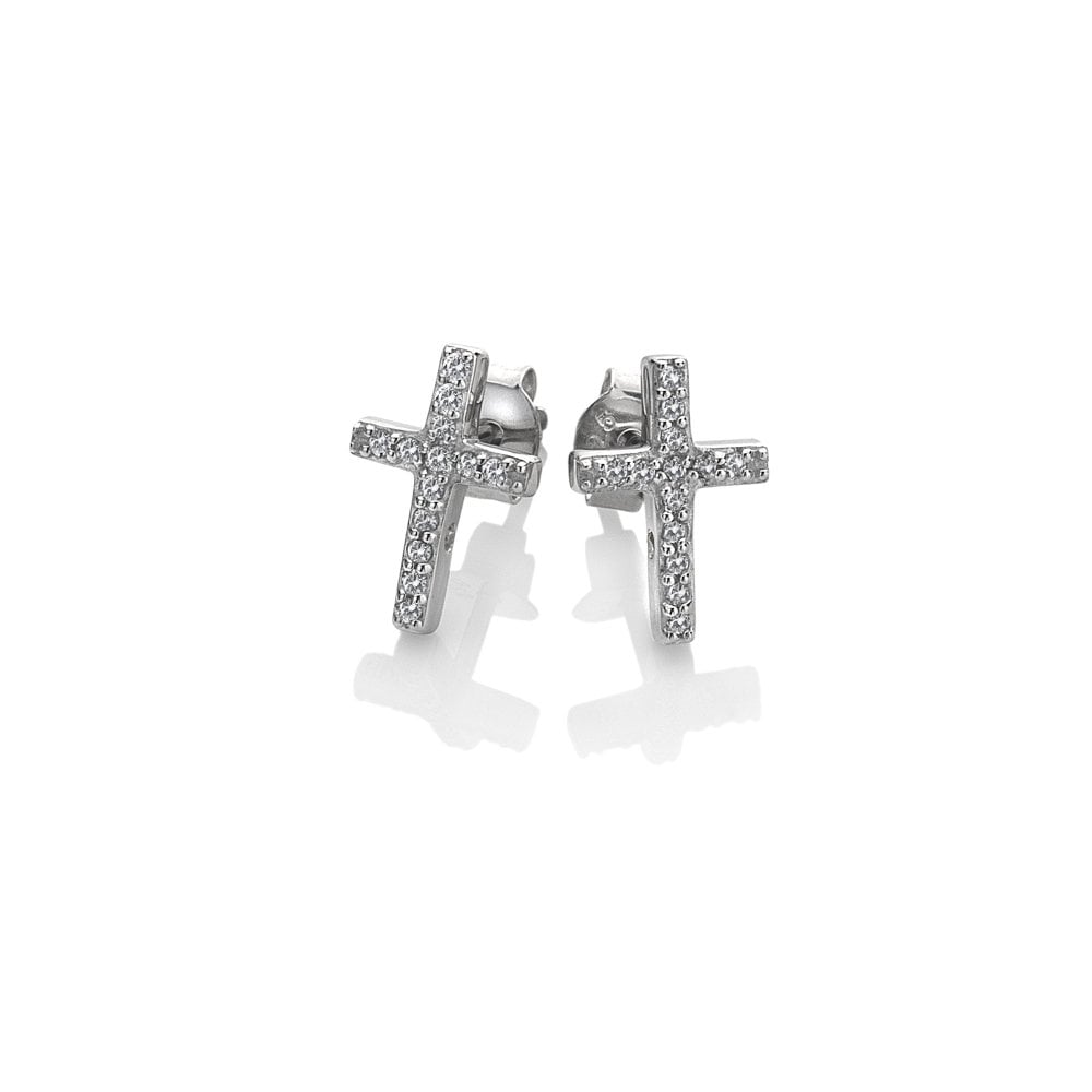 A pair of HOT DIAMONDS Striking Cross Earrings with diamonds.