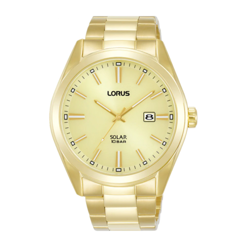 A Lorus Men’s Solar Gold Tone Bracelet Watch RX338AX9 with a yellow dial.