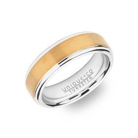 A men's TUNGSTEN RING WITH GOLD INLAY TUR-121 BY UNIQUE & CO wedding ring in two tone gold and white gold.