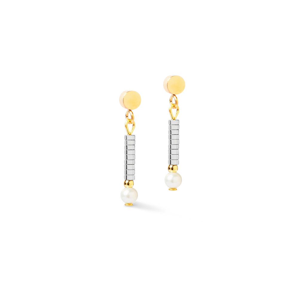 The Coeur De Lion Earrings Edge & Grace silver-gold feature gold circular studs, silver rectangular accents, and small freshwater pearls at the ends, presented on a plain white background.