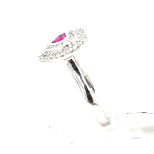 A Ruby & Diamond Heart Cluster Dress Ring in 9ct white gold, featuring a central ruby surrounded by diamonds, shown on a white background.