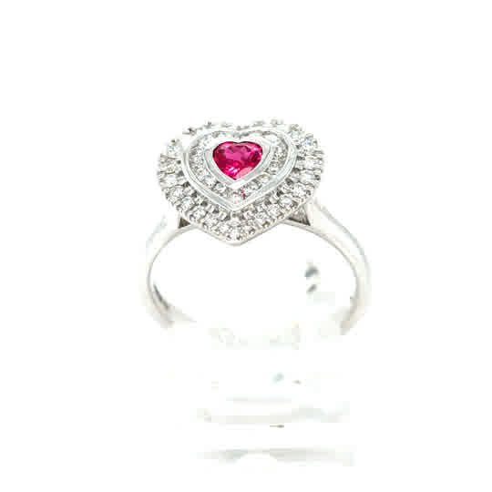 The Ruby & Diamond Heart Cluster Dress Ring in 9ct white gold showcases a central heart-shaped ruby, encircled by sparkling diamonds—an elegant and unique choice for a dress ring.