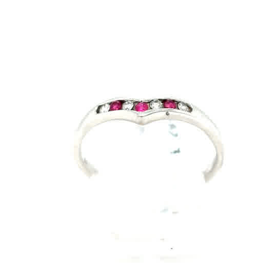 A dazzling Ruby & Diamond Wishbone Dress Ring in 9ct white gold, featuring alternating round red rubies and clear diamonds set in a graceful curved band.