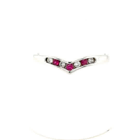 A 9ct white gold Ruby & Diamond Wishbone Dress Ring with a V-shaped band and alternating red and clear stones, offering elegant style for any occasion.