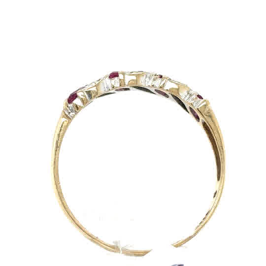 Pre-loved Ruby & Diamond Half Eternity Dress Ring in 9ct yellow gold, featuring alternating rectangular diamonds and small rubies along the top.