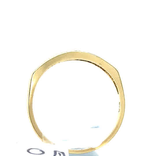 A Pre-Loved Emerald and Diamond Half Eternity Ring in 9ct yellow gold, featuring a flat, slightly angular top edge, displayed upright against a white background.