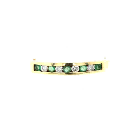The Pre-Loved Emerald and Diamond Half Eternity Ring in 9ct yellow gold showcases alternating emeralds and diamonds in a straight line—an elegant choice for any occasion.