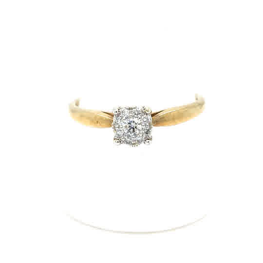 The Starburst Canadian Diamond Cluster Engagement Ring in 9ct yellow gold is elegantly showcased on a white background.