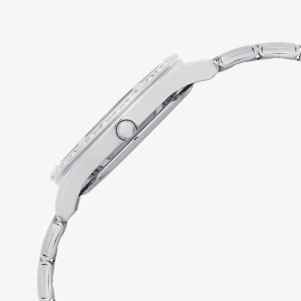 Side view of the Lorus Women’s Stainless Steel Quartz Watch – Light Blue Sunray Dial RG263WX9, showing its metallic bracelet, crown, slim profile, and elegant light blue sunray dial against a white background.