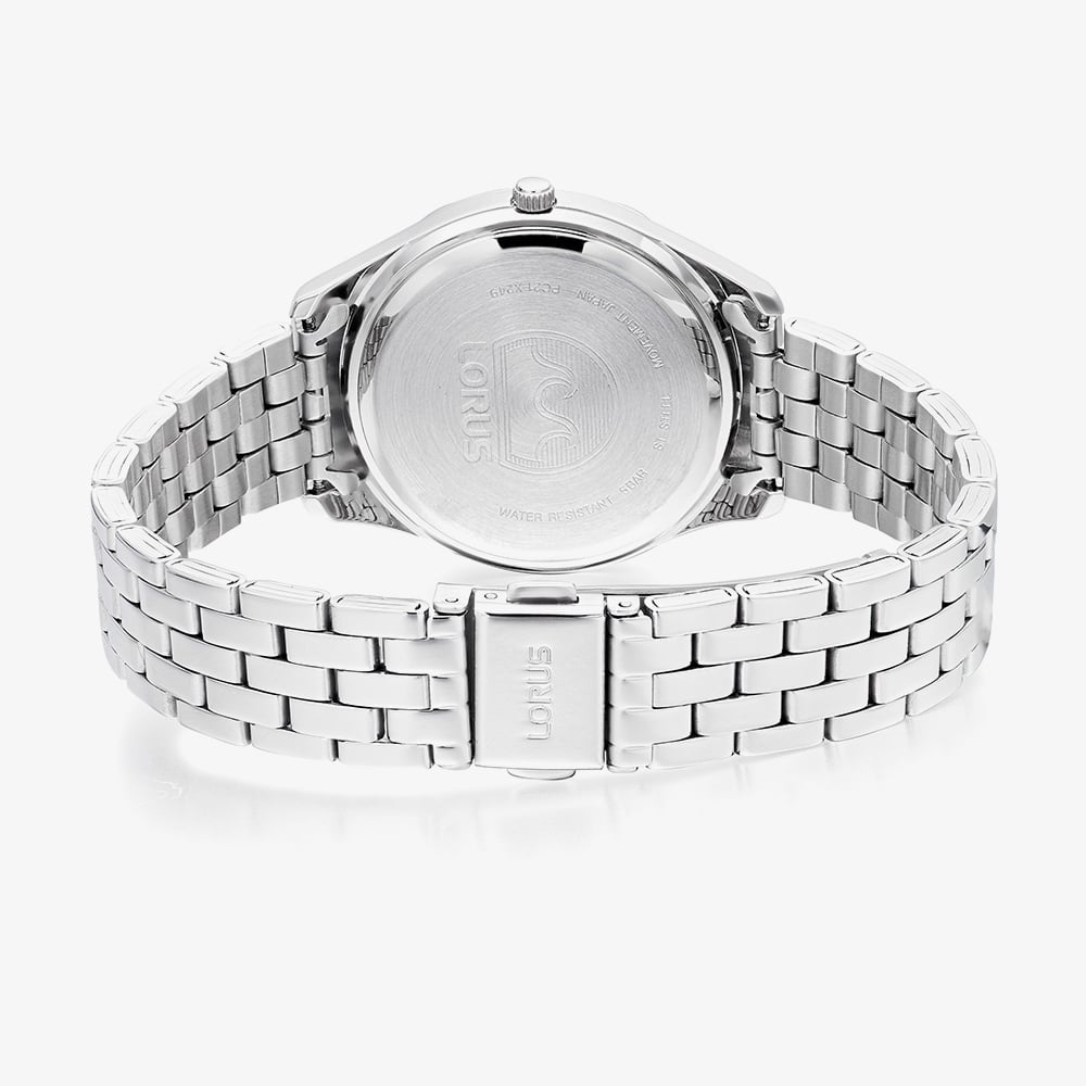 Back view of the Lorus Women’s Stainless Steel Quartz Watch – Light Blue Sunray Dial RG263WX9, highlighting its engraved case back and metal link bracelet that pairs beautifully with the elegant blue sunray dial.