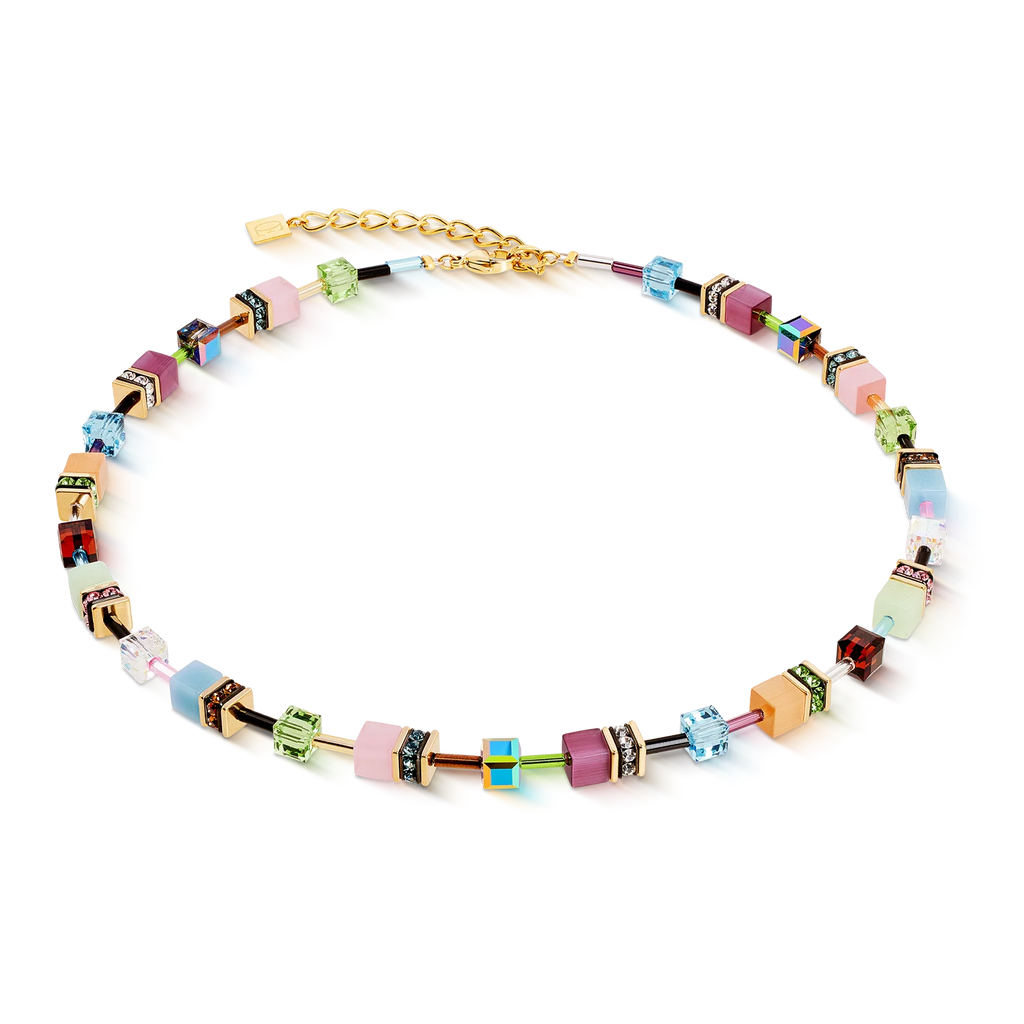 Gold-tone Coeur de Lion GeoCUBE® Iconic necklace Art Nouveau gold features multicolored square and rectangular beads with metallic accents, arranged in a single strand for an elegant, handmade look.