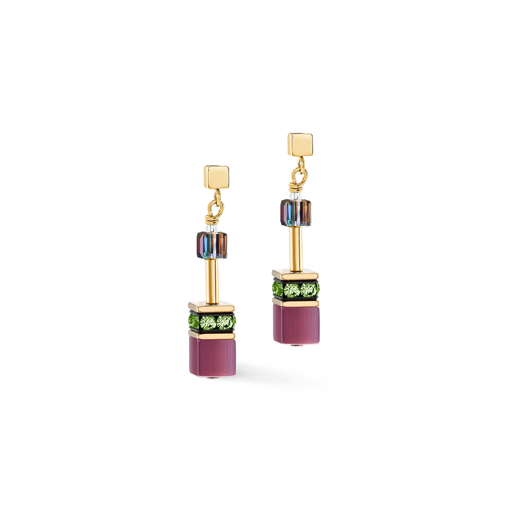 The Coeur De Lion GeoCUBE® Iconic earrings Art Nouveau gold are handcrafted geometric drop earrings with gold metal, green and purple accents, and rectangular elements for a touch of pastel jewelry elegance.