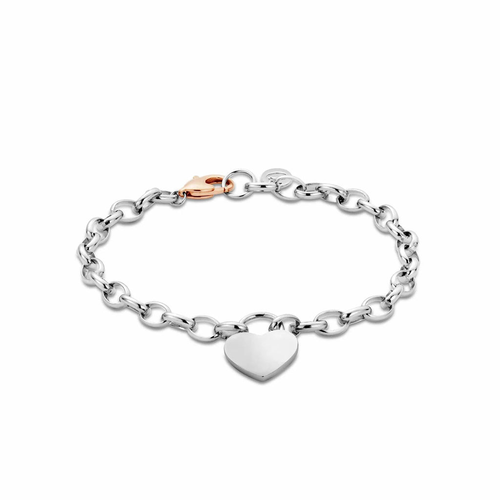 Clogau Cariad® Sterling Silver Padlock Bracelet featuring oval links, a heart-shaped padlock charm, and a rose gold clasp with Welsh gold accents, displayed on a white background.