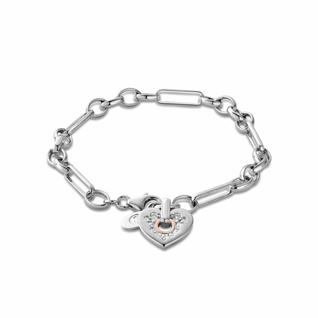 The Clogau Cariad® Sterling Silver Sparkle Figaro Bracelet with Topaz features a heart-shaped pendant and is displayed on a white background.