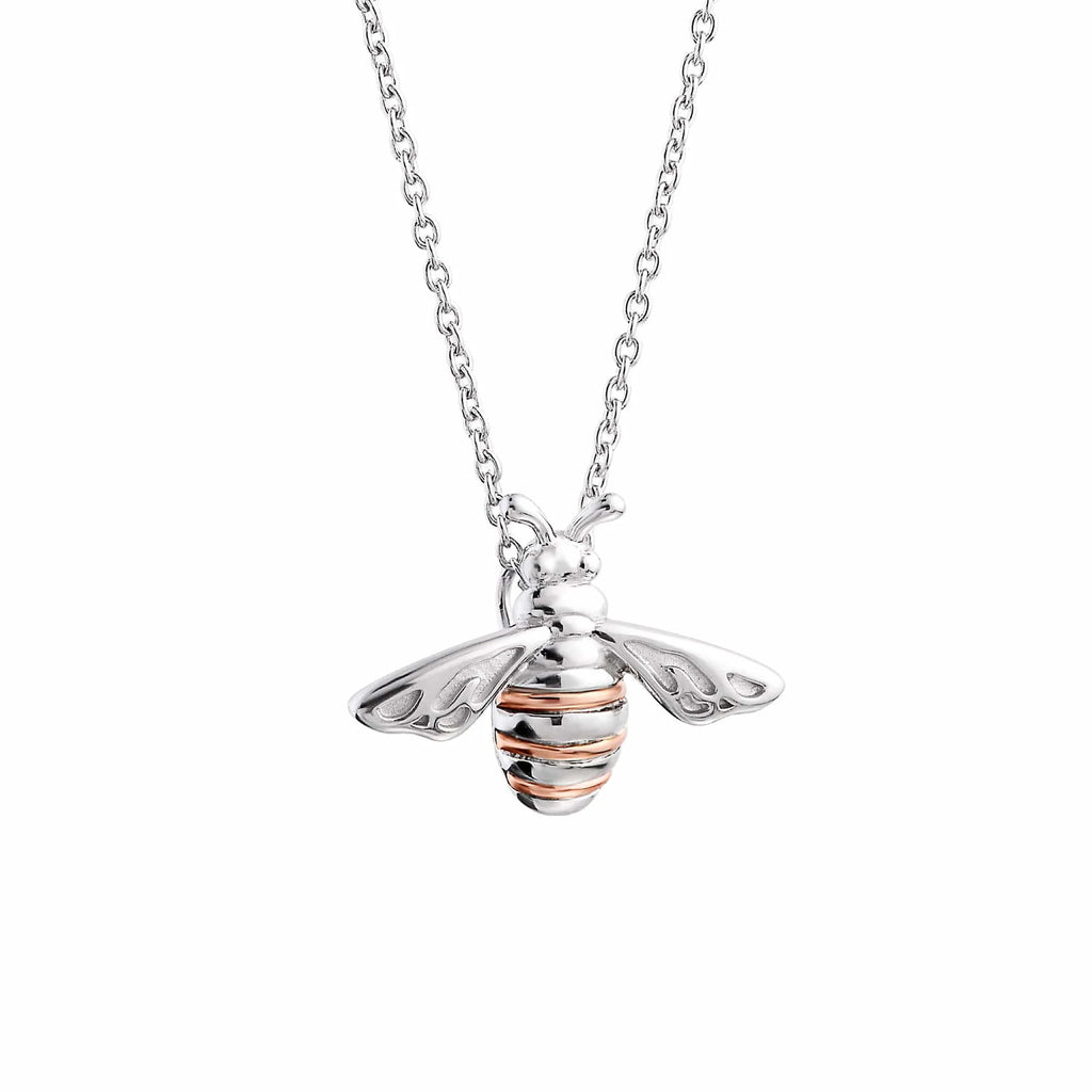 The Clogau Nature's Wonder Sterling Silver Honey Bee Pendant features intricate wings and Welsh gold-colored stripes, displayed on a fine chain—a unique piece of bee jewellery.