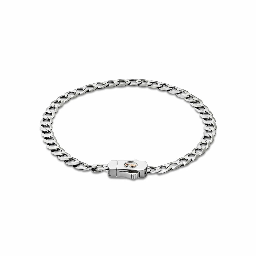 The Clogau Insignia Sterling Silver Curb Chain Bracelet features a flat clasp with a small circular accent at its center, shown against a white background.