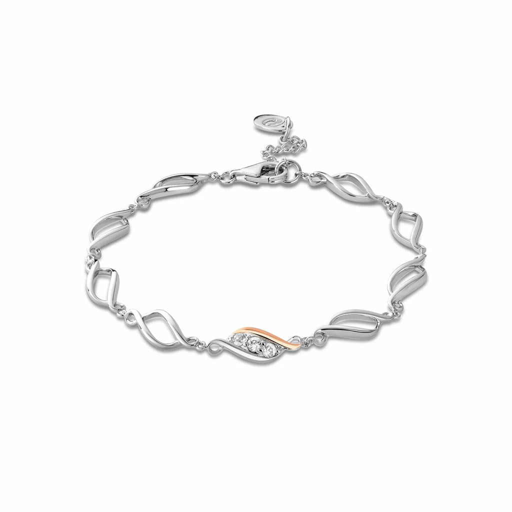 Clogau Past Present Future® Sterling Silver Multi-Link Bracelet with topaz features wave-shaped links, one with a rose gold accent and small clear stones, elegantly displayed on a white background.