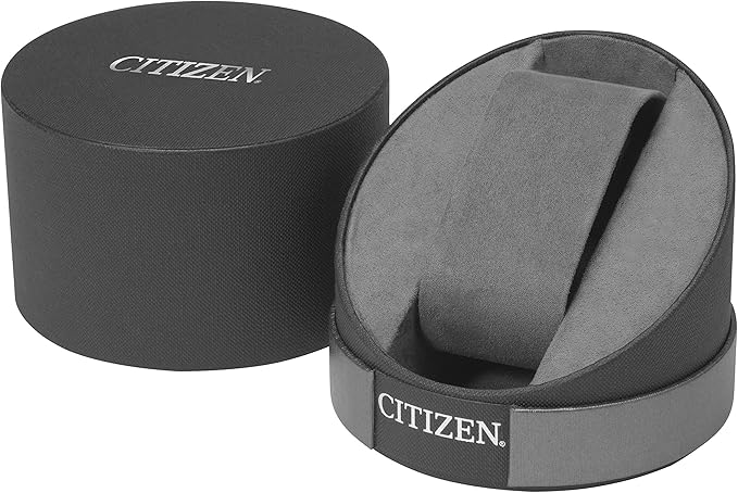 Round black Citizen watch box with removable lid, open to reveal a padded interior for the Citizen Men's Steel Sports Bracelet Watch AW1526-89X. The CITIZEN logo appears in white on both the lid and the box.