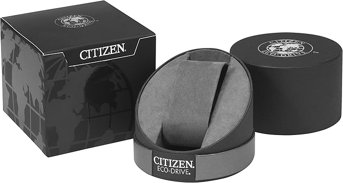 Citizen Men's Eco-Drive Military Style Watch (BM8478-01L) box set includes a branded outer box, round inner case, and plush watch holder—ideal for your military-inspired timepiece. Box shown empty.