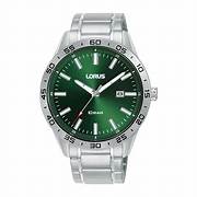 The Lorus Dark Green Watch RH951QX9 features a green dial, silver markers, date display, and stainless steel bracelet with quartz movement, all showcased on a white background.