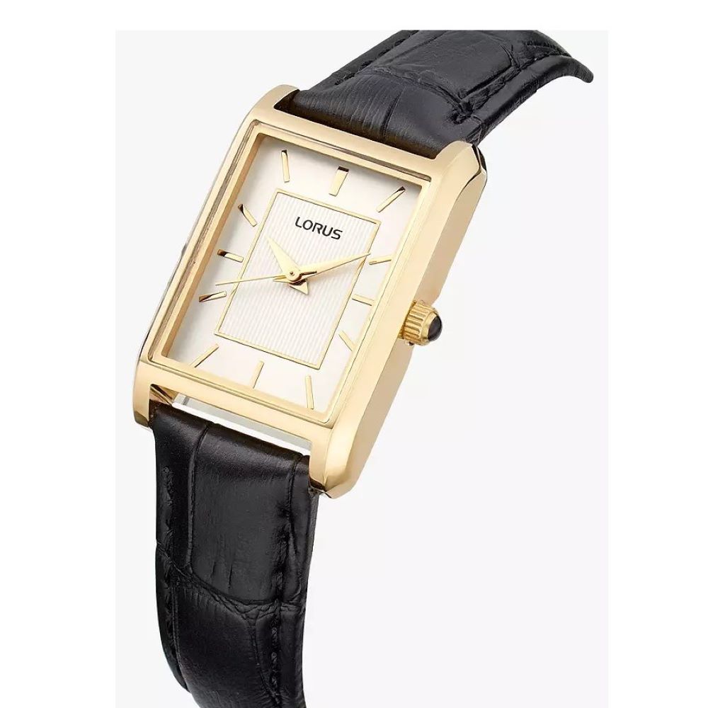 The Lorus Ladies Oblong Dial Strap Watch (RG290VX9) features a rectangular gold-tone case, white dial with gold hour markers, and a black leather strap, displayed against a plain background.