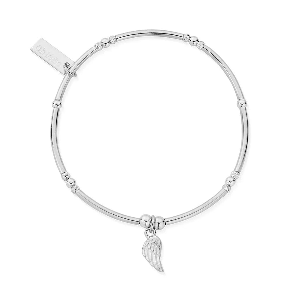 The ChloBo Divinity Within Bracelet features silver beads, an angel wing charm, and a rectangular tag—perfect as meaningful guardian angel jewelry.