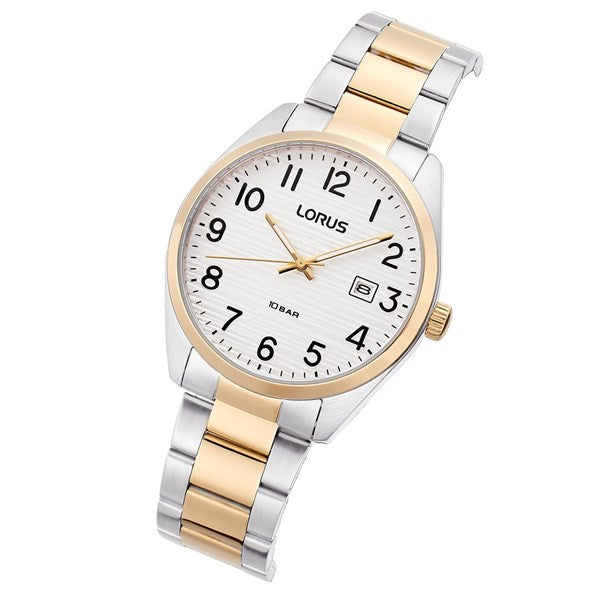 The Lorus Two Tone Bracelet Watch RRX12JX9 features a silver and gold band, white dial with black numerals, date display, elegant gold bezel accents, and reliable quartz movement.