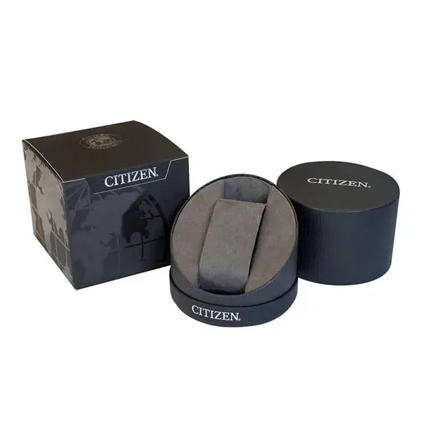 A black Citizen watch box set with a rectangular outer box, round display case, and gray cushioned insert—ideal for displaying your Citizen Men's Rose Gold Tone Bracelet Watch BM7633-81X.