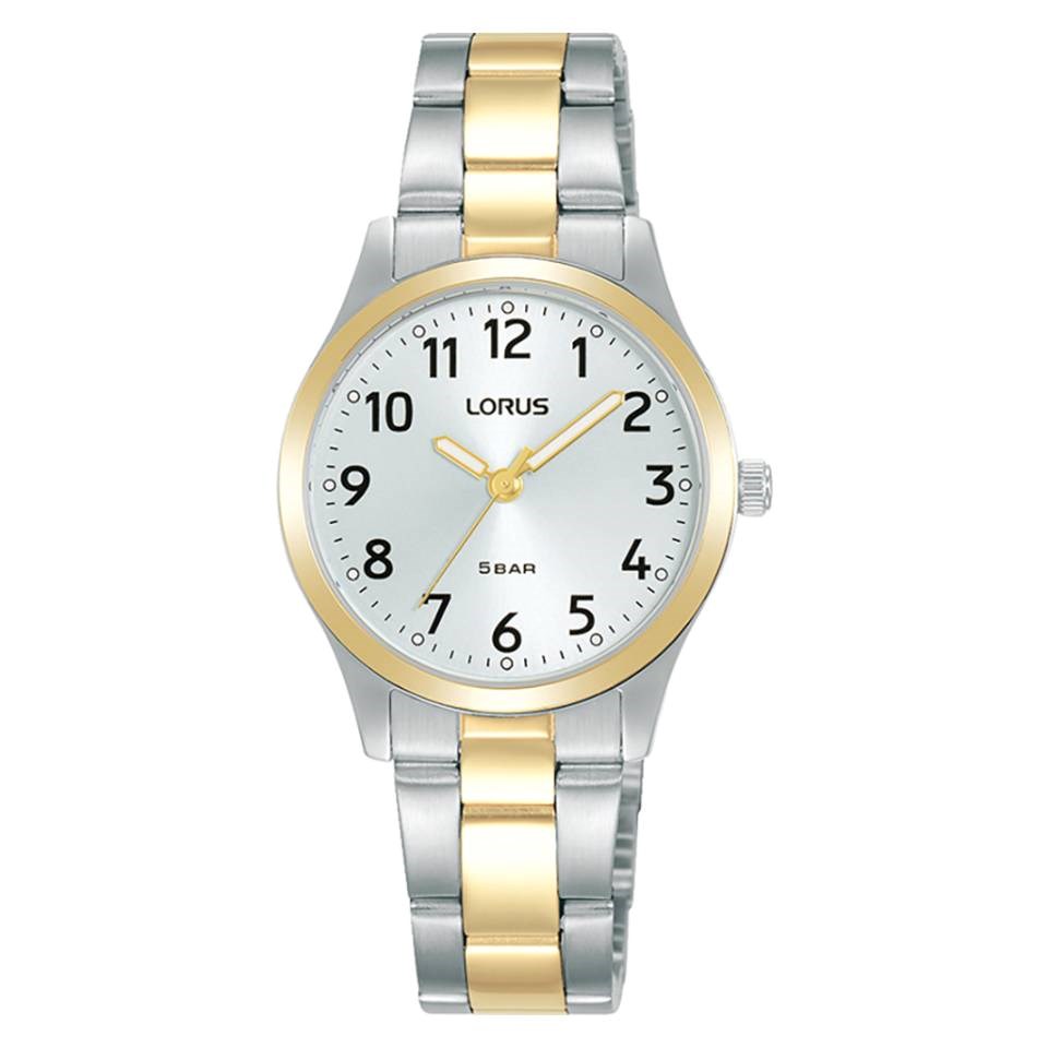 The Lorus Two Tone Bracelet Watch RRX12JX9 features a white dial, quartz movement, metal band in silver and gold tones, black numerals, and is labeled "5 BAR" and "Lorus.