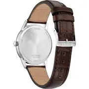 The Citizen Men's Eco-Drive Leather Strap Watch (AW1780-25A) features a silver case and brown leather strap, displayed from the back with its clasp and adjustment holes clearly visible.