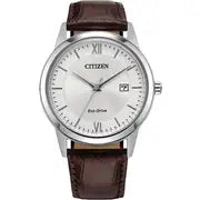 The Citizen Men's Eco-Drive Leather Strap Watch (AW1780-25A) features a silver dial with Roman numerals, date display, and a classic brown leather strap. Powered by Eco-Drive technology, it blends timeless style with innovative performance.