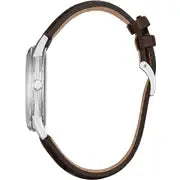 Side view of the Citizen Men's Eco-Drive Leather Strap Watch (AW1780-25A) featuring a silver case and brown leather strap, displayed on a white background.