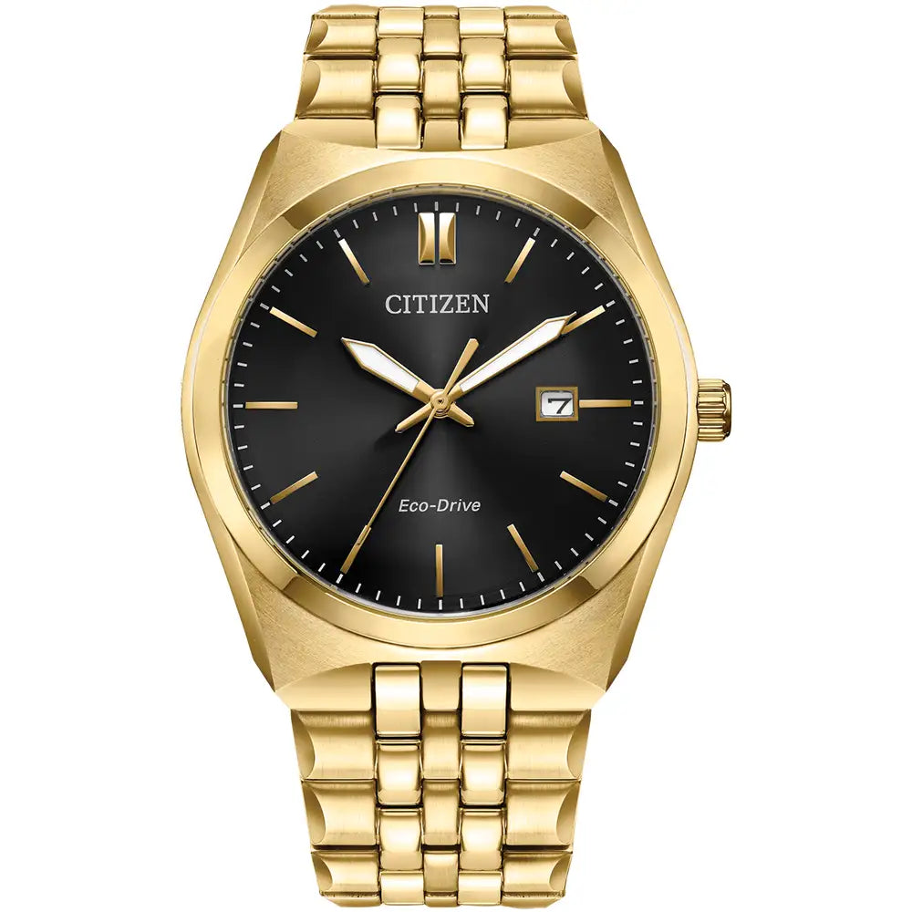 The Citizen Men's Gold Tone Bracelet Watch BM7333-85E features Eco-Drive, a black dial with gold markers and hands, date at 3 o'clock, gold metal link band, and is water resistant to 100m for dependable performance.