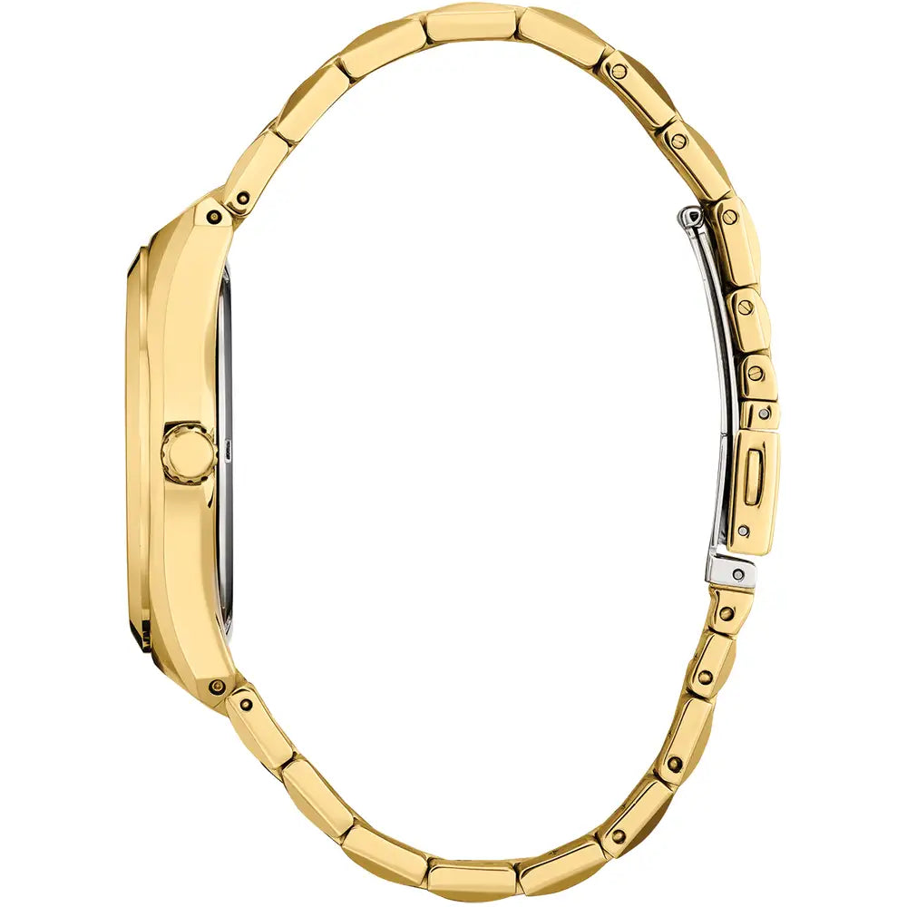 Side view of the Citizen Men's Gold Tone Bracelet Watch BM7333-85E, featuring a gold-tone metal link band, secure clasp, and 100-metre water resistance.
