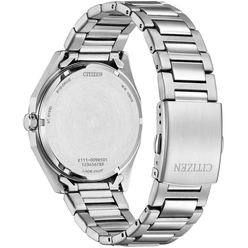 A close-up of the Citizen Men's Steel Green Dial Bracelet Watch BM7630-80X highlights its stainless steel link band and engraved model details on the case back.