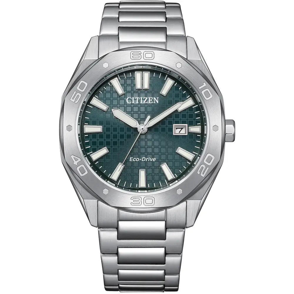 The Citizen Men's Steel Green Dial Bracelet Watch BM7630-80X features a stainless steel case, textured green dial, silver hour markers, date display at 3 o'clock, and a stylish metal link bracelet.
