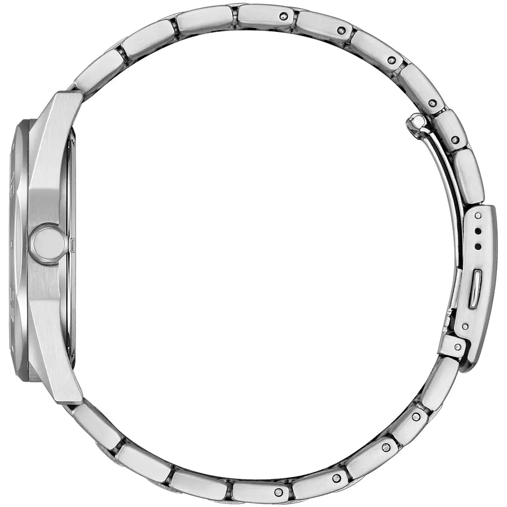 Side view of the Citizen Men's Steel Green Dial Bracelet Watch BM7630-80X showcasing its stainless steel case thickness, elegant curvature, and durable metal link band with clasp.