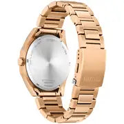 The Citizen Men's Rose Gold Tone Bracelet Watch BM7633-81X features a stainless steel bracelet, round silver back, and clasp closure, shown with the watch face turned away.