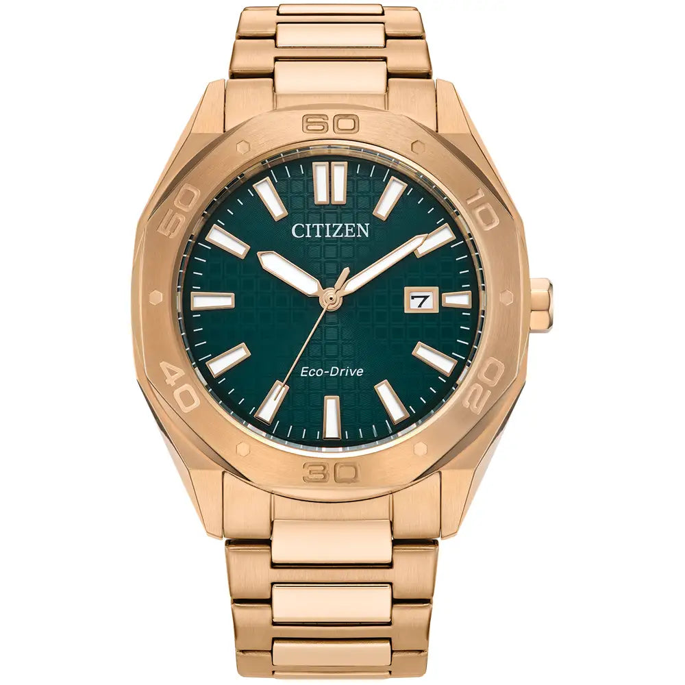 The Citizen Men's Rose Gold Tone Bracelet Watch BM7633-81X features a rose gold-tone stainless steel case, green dial with white hour markers, date at 3 o’clock, and a stylish metal link bracelet.