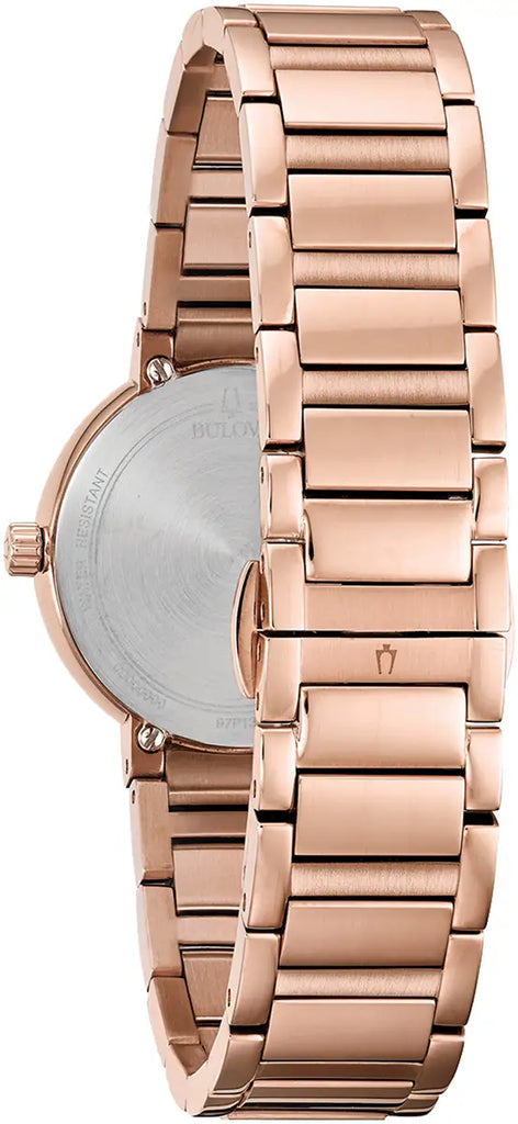 The Bulova Ladies Futuro Diamond Watch 97P132 features a rose gold finish and closed clasp, shown from the back to highlight its elegant case and bracelet links—an exquisite accessory for any style.