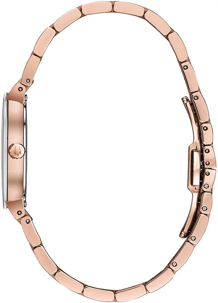 Side view of the Bulova Ladies Futuro Diamond Watch 97P132 in rose gold with a stainless steel bracelet and closed clasp, showcasing its slim profile and elegant design.
